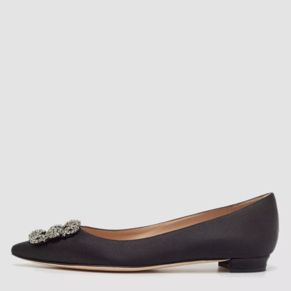 Manolo Blahnik HANGISIFLAT Black Satin Jewel Buckle Flat Pumps Size 39 - Picture 2 of 16